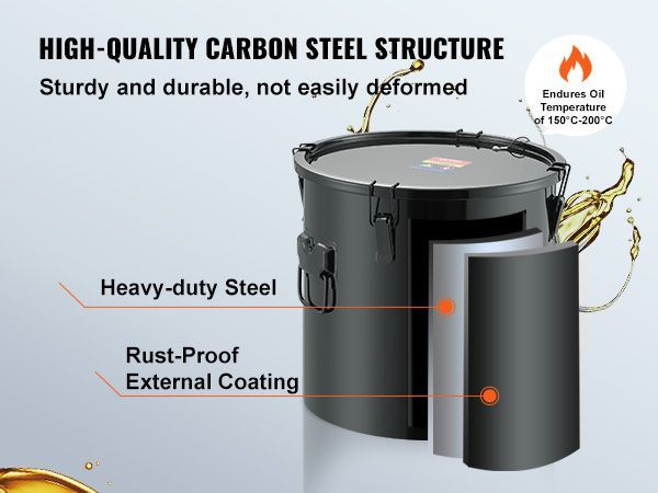 VEVOR Fryer Grease Bucket, 8 Gal Oil Disposal Caddy Stainless Steel Fryer Oil Bucket Rust-Proof Coating, Oil Transport Container With Lid, Lock Clips, Filter Bag For Hot Cooking Oil Filtering, Black_voghion.com