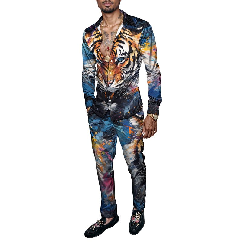 2025 Frühling Sommer Männer Shirt Set Tiger Print Mode Druck Zweiteiler Herren Leichte Party Langarm Anzug Neu_voghion.com