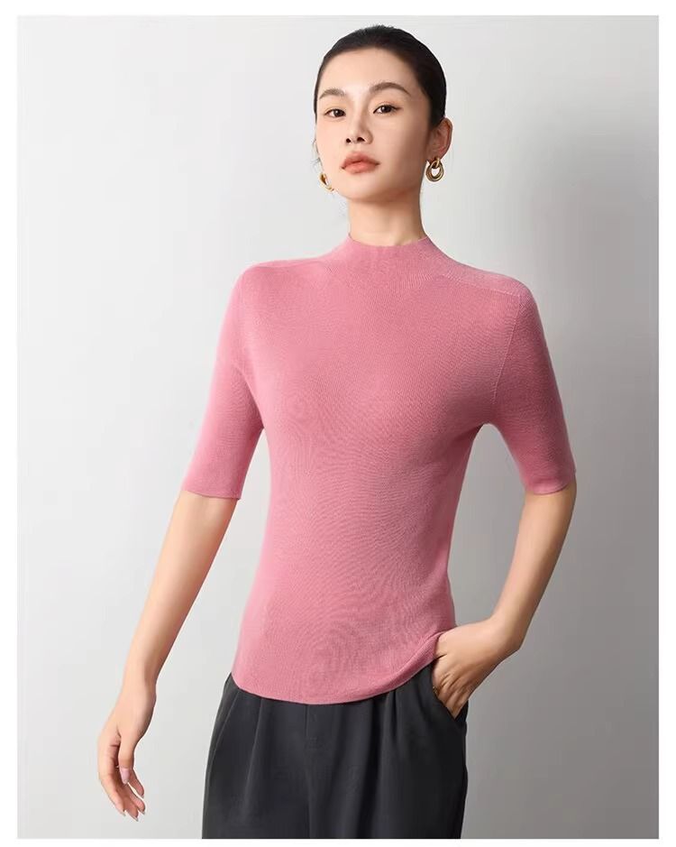 Maglione estivo in lana a maniche lunghe con collo alto, 100% senza cuciture, realizzato in filato tedesco Yangzi Yarn Island_voghion.com