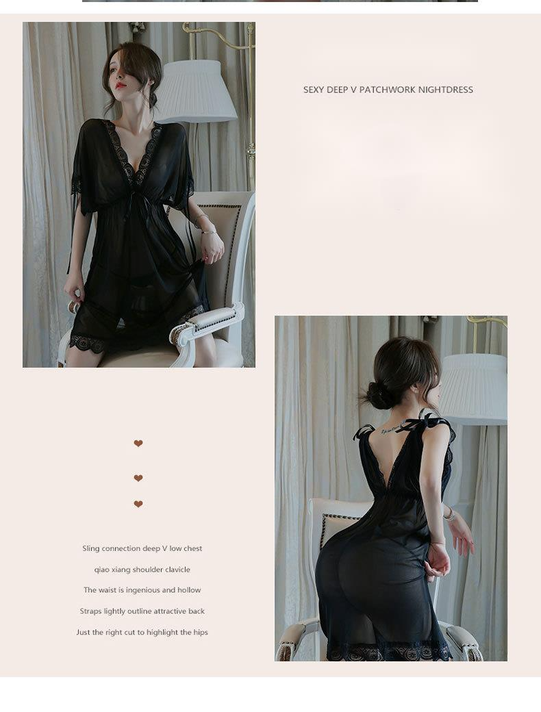 Lingerie lunga da notte da donna taglie forti sexy pigiama profondo trasparente maglia camicia da notte 1090_voghion.com
