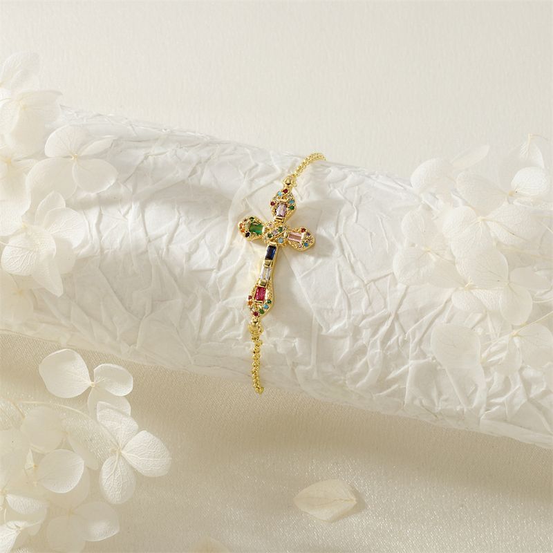 Bracciale minimalista a croce per donna placcato in rame con zirconi, regolabile, gioiello_voghion.com