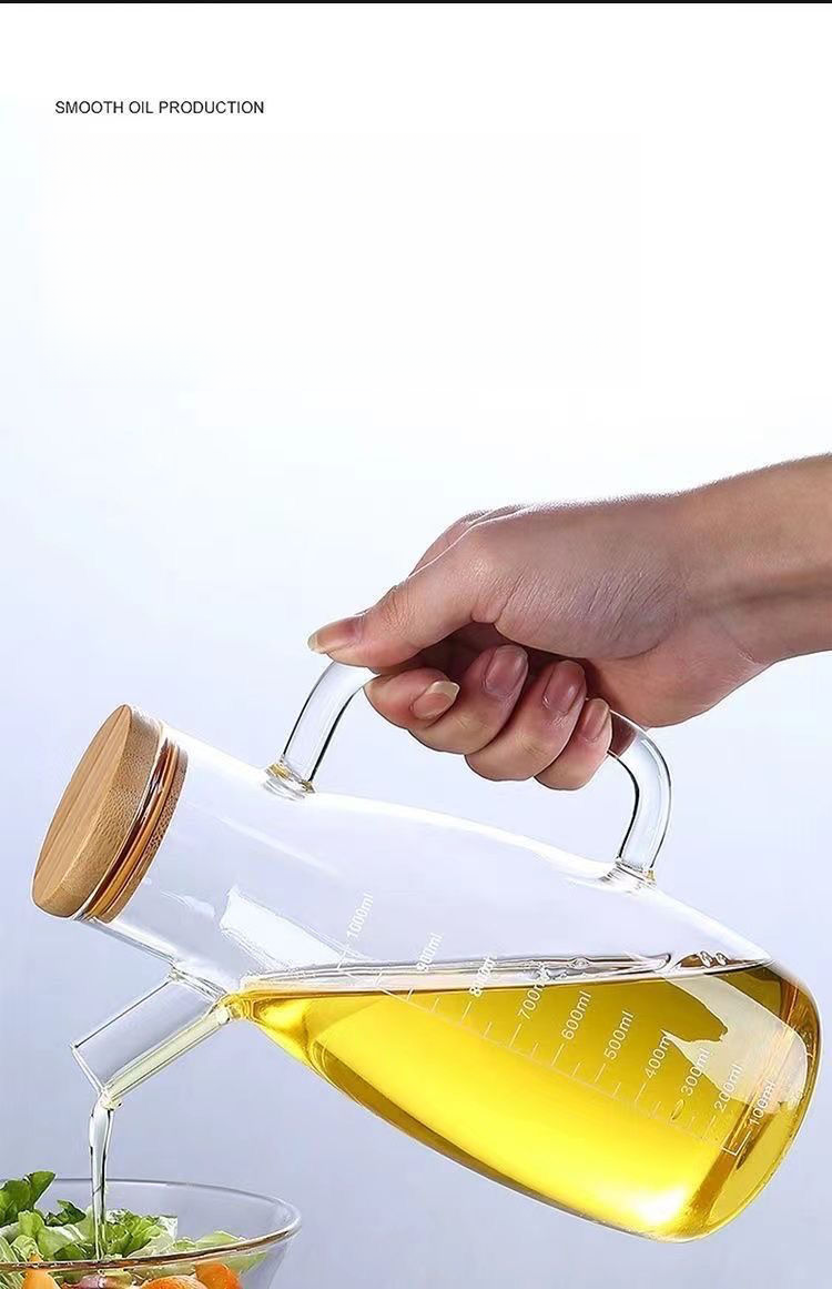 Glaskruka med skala, kontroll hushållskök, sojasåsflaska, vinägerkruka, ingen olja hänger eller läcker_voghion.com