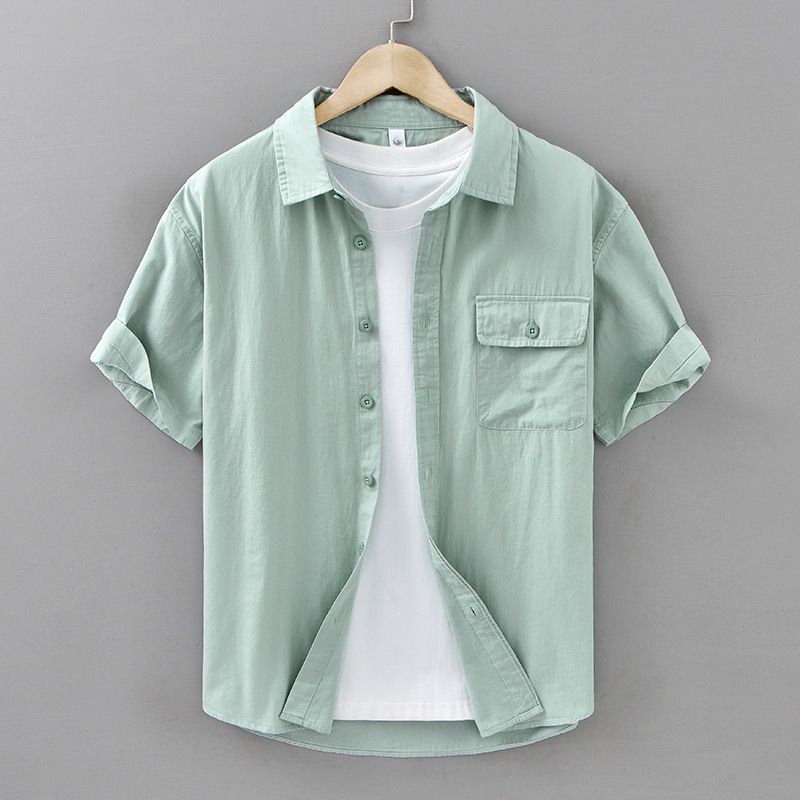 Camicia a maniche corte da uomo, estiva, tinta unita, con risvolto, casual, in puro cotone, sottile, versatile, vestibilità ampia_voghion.com