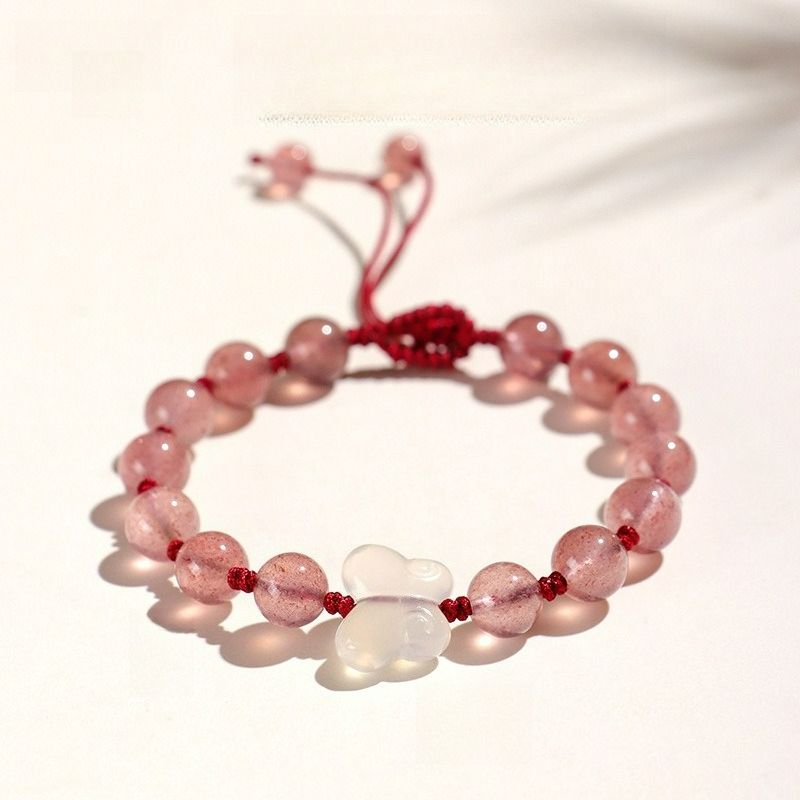 Natural Crystal Strawberry Crystal Bracelet Hand-woven Red Rope Red Glue Flower Chalcedony Butterfly Wang Marriage Bracelet_voghion.com