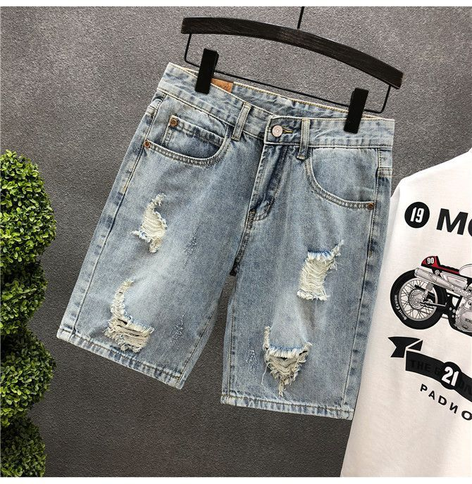High end summer denim Korean version slim fit small leg shorts for men's trendy brand hole torn beggar five piece pants_voghion.com