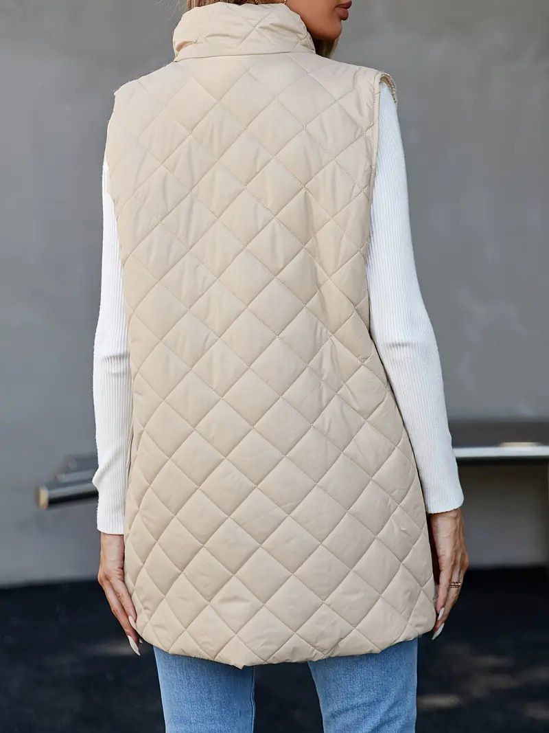 Damenbekleidung, dünn, warm, leicht, warm, gesteppter Westemantel mit Kapuze – lange ärmellose Jacke für lässige Outfits (Schwarz, Beige)_voghion.com