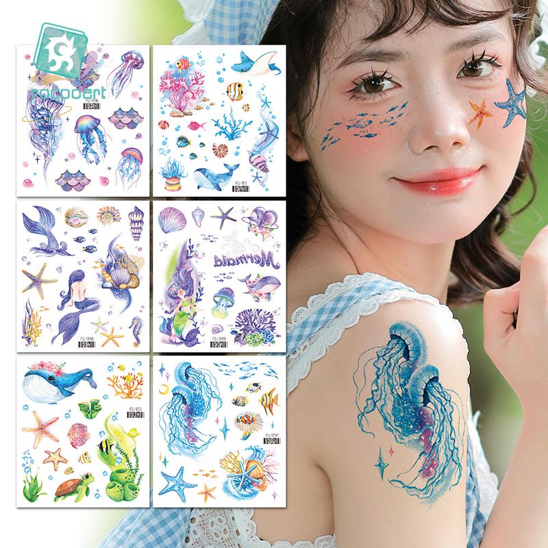 2024 Nowa wodoodporna, brokatowa naklejka na twarz z motywem kreskówki Księżniczka Motyl Ocean Tattoo, wysokiej klasy tymczasowa, trwała naklejka na twarz_voghion.com