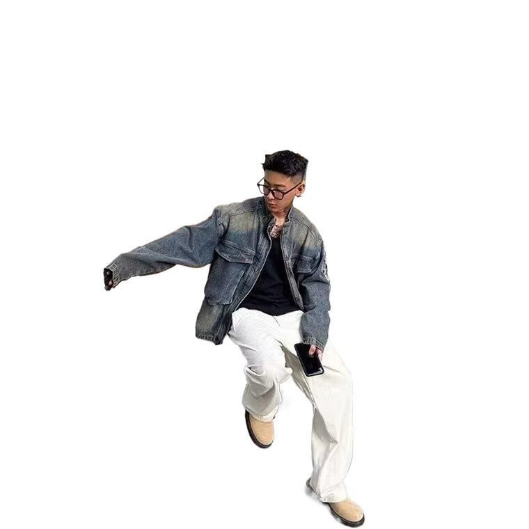 High Street Vintage tvättad storfickad jeansjacka för män på vår och höst_voghion.com