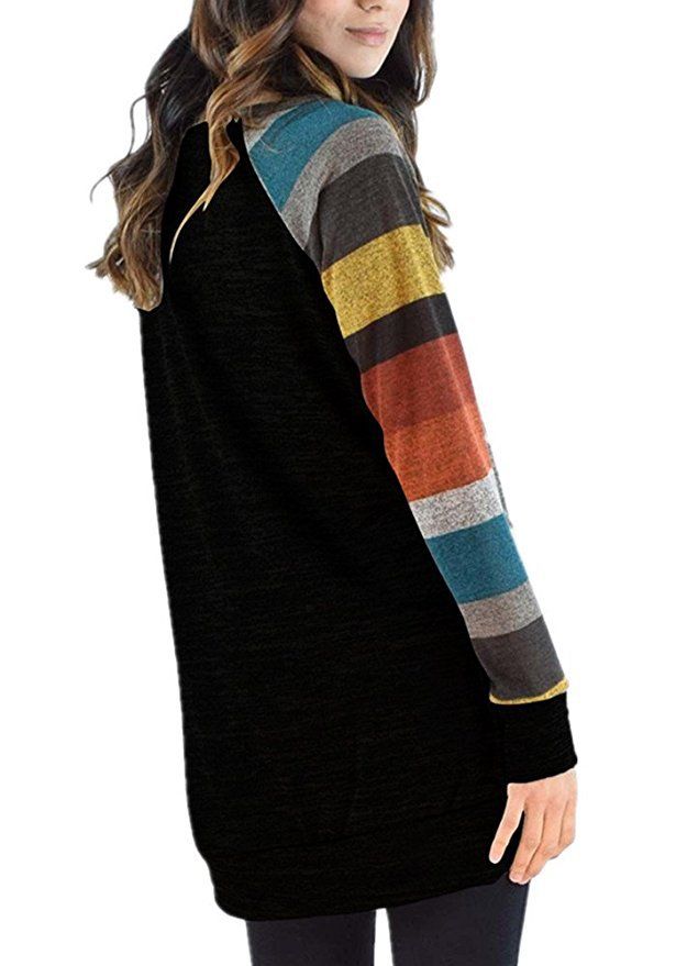 Felpa con cappuccio color block a maniche lunghe con spalle a righe, da donna, primavera e autunno 2025, taglie forti, scollo rotondo, ampia, T-shirt ampia_voghion.com