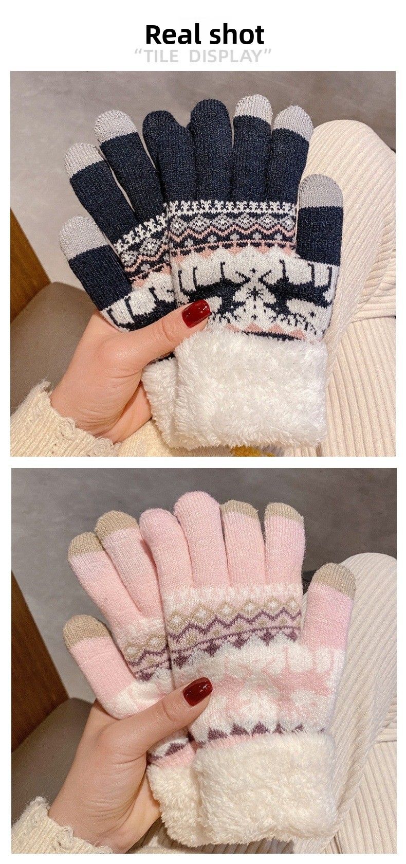 Gestrickter Jacquard für Damen, süßes Hirschmotiv, fingerlose Winterhandschuhe mit Fleecefutter, warm, verdickt, Fünf-Finger-Touchscreen-Handschuhe_voghion.com