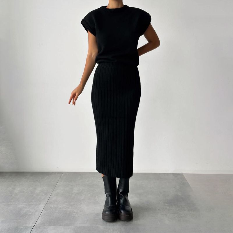 Women's Sleeveless Sweater Dress Set - Stretchy Knit Two-Piece Outfit With Flowy Skirt, Comfortable & Stylish For Casual Wear (XS-2XL)"_voghion.com