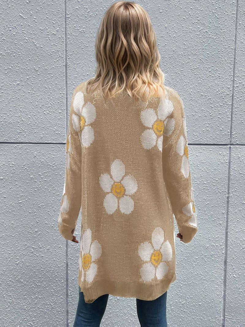 Autunno e inverno, moda popolare europea e americana, abbigliamento femminile, maglione a maniche lunghe con fiori, cardigan medio e lungo_voghion.com