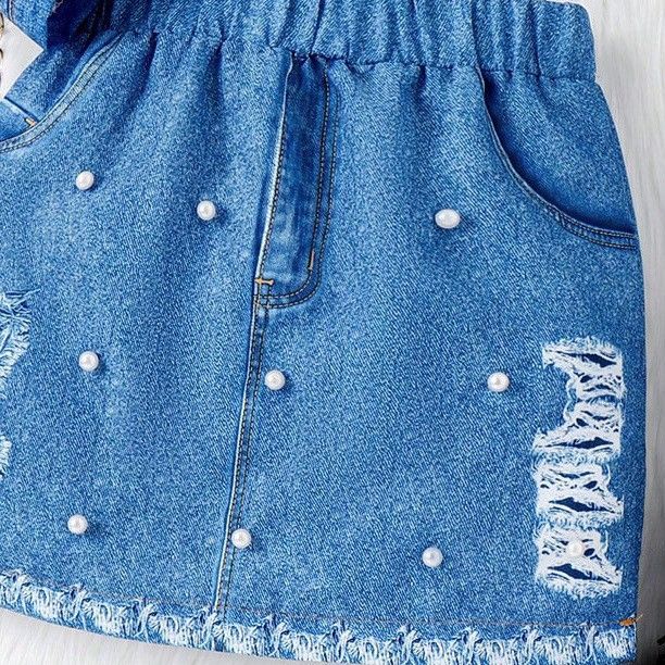 Abbigliamento per bambini autunno e inverno giacca a maniche lunghe con risvolto in denim + gonna corta decorata con borchie di perle vestito da due pezzi per ragazze_voghion.com