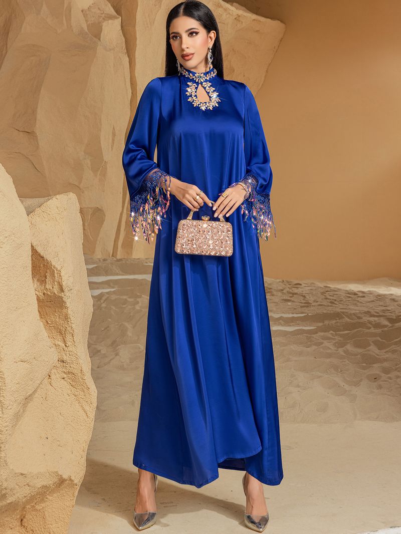 BA3147 Blue Iridescent Laser Gradient Tassel Abaya Long Dress_voghion.com