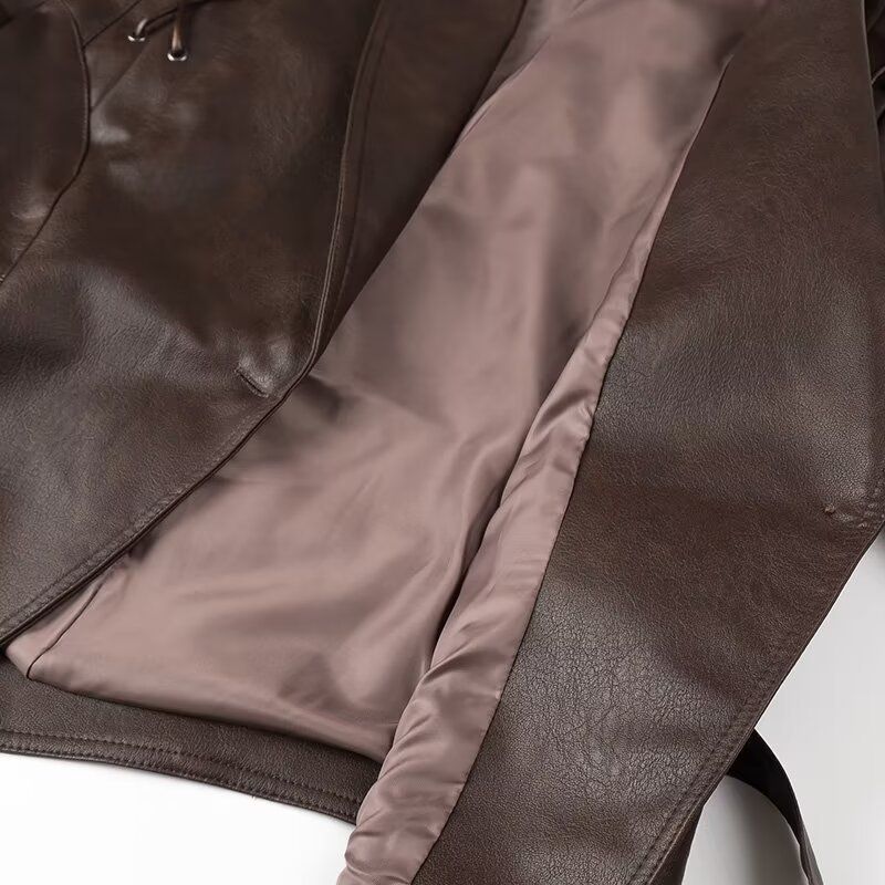 Ropa de mujer Primavera y otoño Nueva Chaqueta de cuero de un solo pecho con cinturón y cuello de fruta verde retro que combina con todo_voghion.com