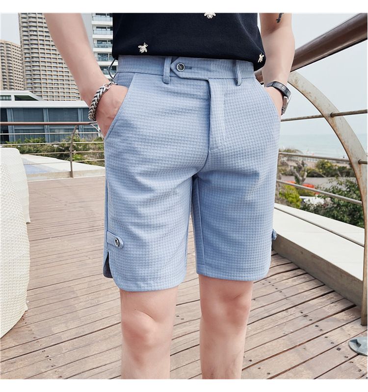 Summer new Internet celebrity trend waffle fabric casual shorts British temperament men's slim-fitting five-point pants_voghion.com