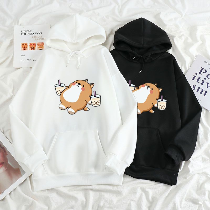 2021 Herbst Winter Neue Lose Damenbekleidung Ästhetische Darstellung Shiba Inu Trinkmilchtee Kapuzenpullover_voghion.com