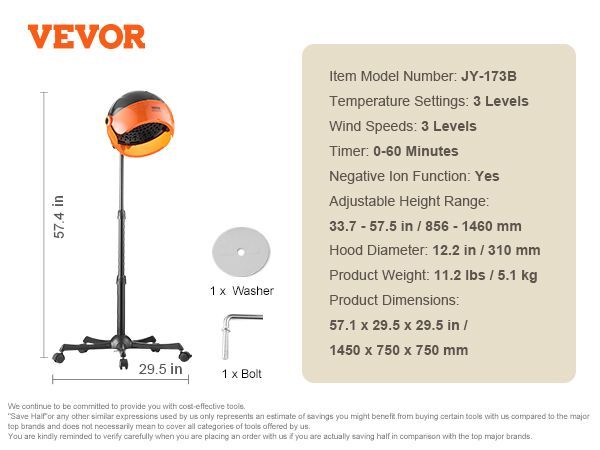 VEVOR Ionic Hooded Dryer, 1875W Professional Bonnet Hair Dryer, Sit Under Hair Dryer With Timer, 3 Temp Settings & Wind Speed, Floor Standing Rolling Base With Wheels For Beauty Salon Home Spa_voghion.com