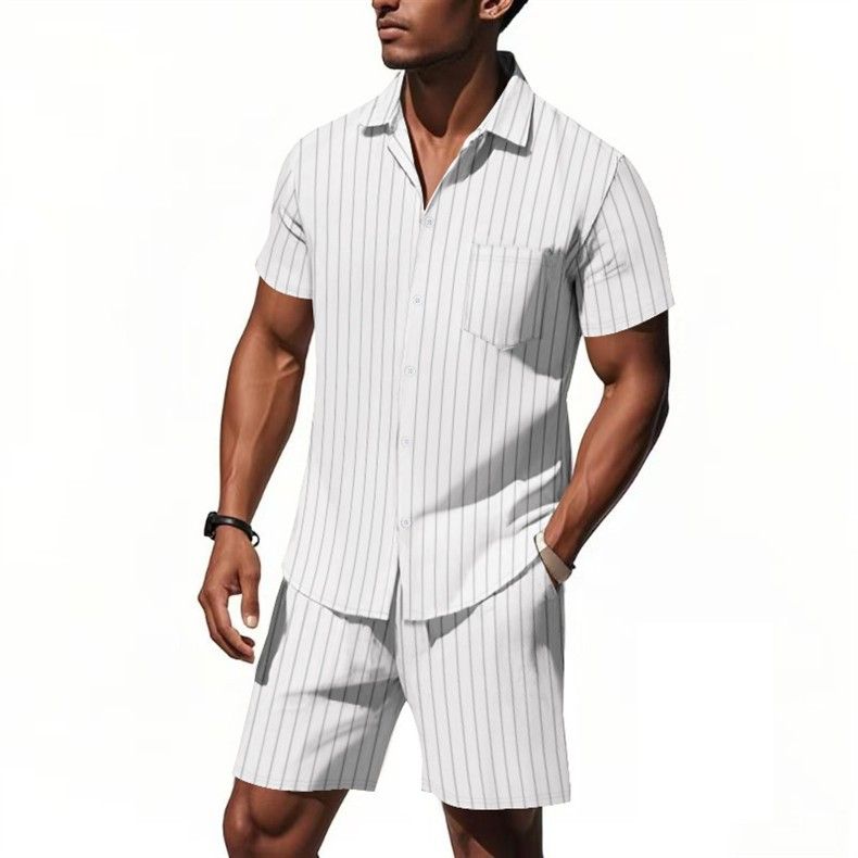 Vêtements pour hommes, costume d'été en lin pour hommes, chemise ample à manches courtes à rayures, short de plage, costume deux pièces_voghion.com