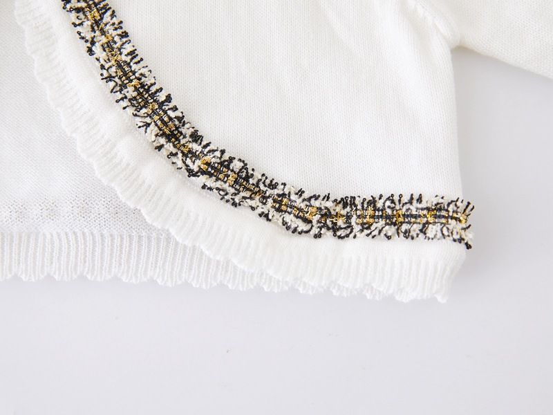 Cardigan élégant en tricot d'inspiration victorienne pour mère et enfant, avec bordure en dentelle, léger et doux, en mélange de coton (blanc-rose/blanc-noir/violet-rose)_voghion.com