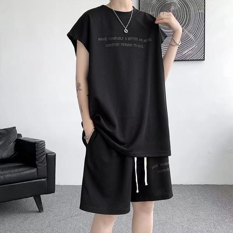 Summer new plus size men's sports suit Waffle trendy sleeveless vest t-shirt versatile casual two-piece set 12_voghion.com