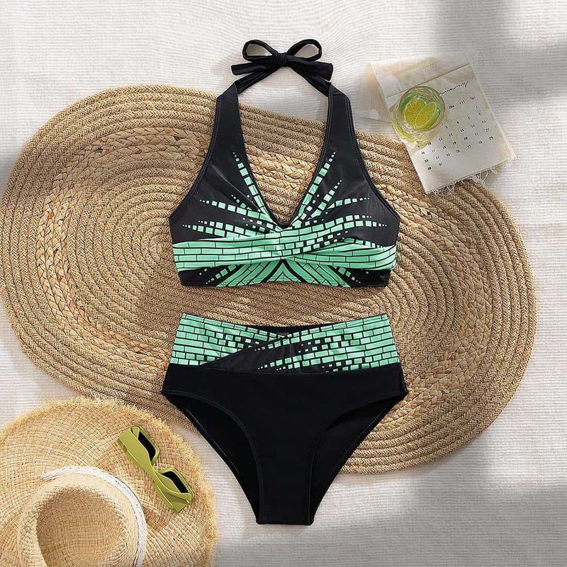 Bikini de cintura alta ajustado para mujer, estilo conservador, para natación, deportes de aguas termales y ocio._voghion.com