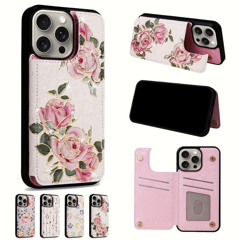 Floral Wallet Case for 15/14/13/12/11 Pro Max, XS Max, XR, SE, 8, 7, 6s Plus - Premium PU Leather Flip Folio with Card Holder, Kickstand, Card Slots,_voghion.com