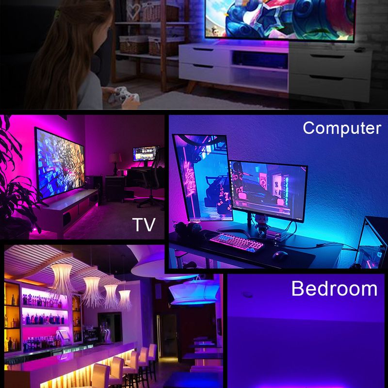 Tira de luces LED RGB con Bluetooth y USB de 5 V, 5050 SMD, 18 LED/m, cambio de color con control remoto, iluminación ambiental para juegos, retroiluminación de TV y decoración del hogar._voghion.com