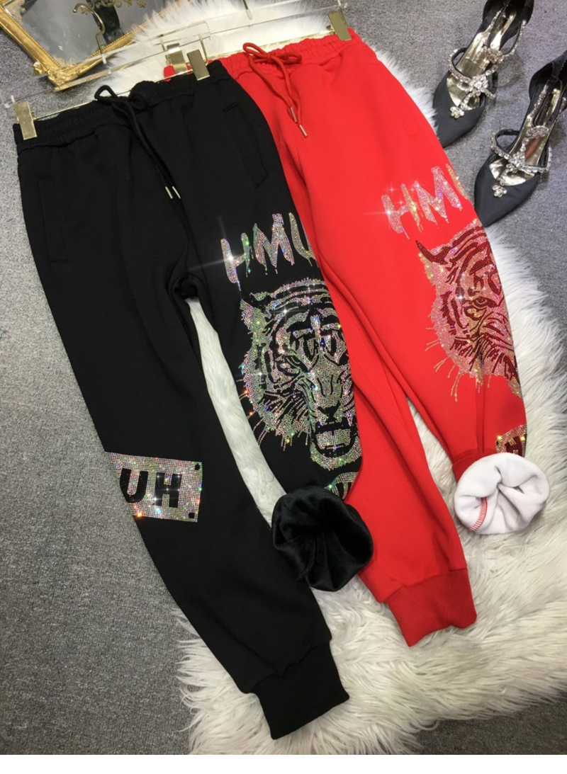 Pantalon de survêtement épais en velours pour femmes, très grande taille, avec tête de tigre en diamant, pantalon de sport décontracté_voghion.com