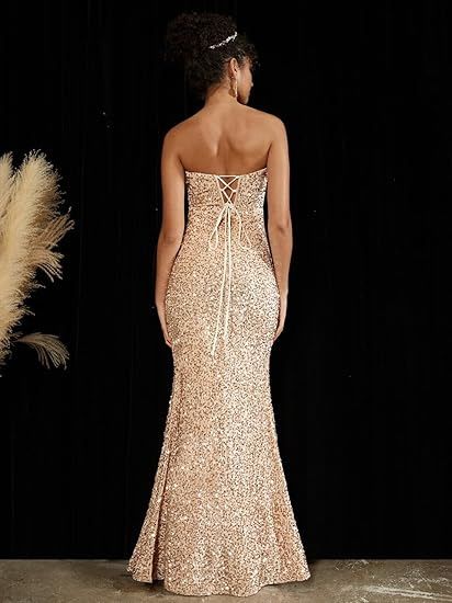 Women's Clothing Illusionary Sequins Back Tie Corset style Side Slit Tube Top Herringbone Evening Dress_voghion.com