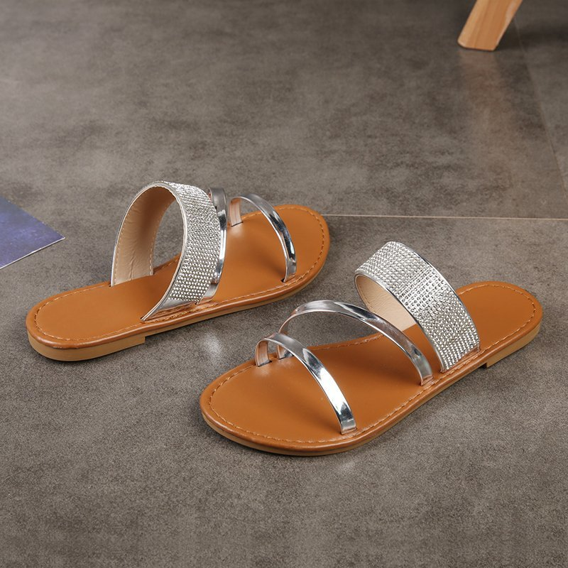 Pantofi de damă cu fund plat, sandale și papuci de plajă casual cu strasuri, pentru femei_voghion.com