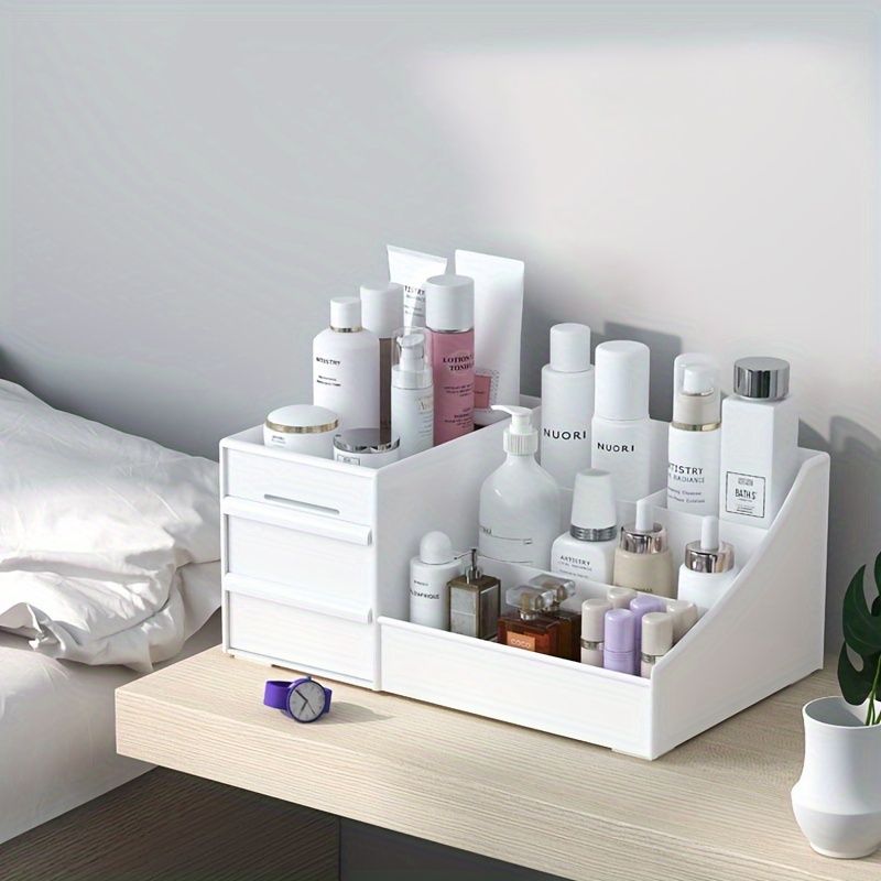 Weißer erweiterbarer Kosmetik-Organizer mit Schubladen, vielseitige Aufbewahrungsbox für Make-up, Hautpflege, Badezimmer, Schminktisch, Büro, Schreibtisch, Kommode_voghion.com