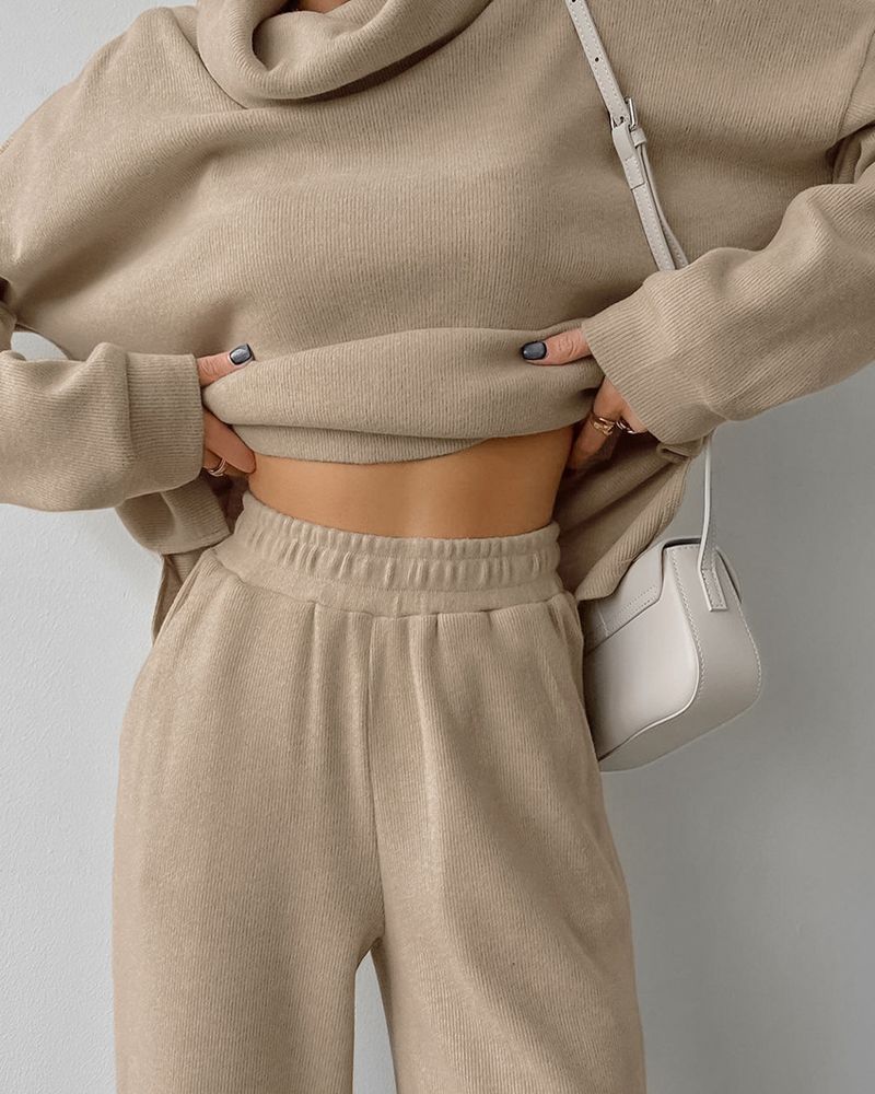 Suéter de malha cáqui com gola alta para outono e inverno, feminino, casual, simples, camisa, blusa, calça comprida, conjunto de duas peças feminino_voghion.com
