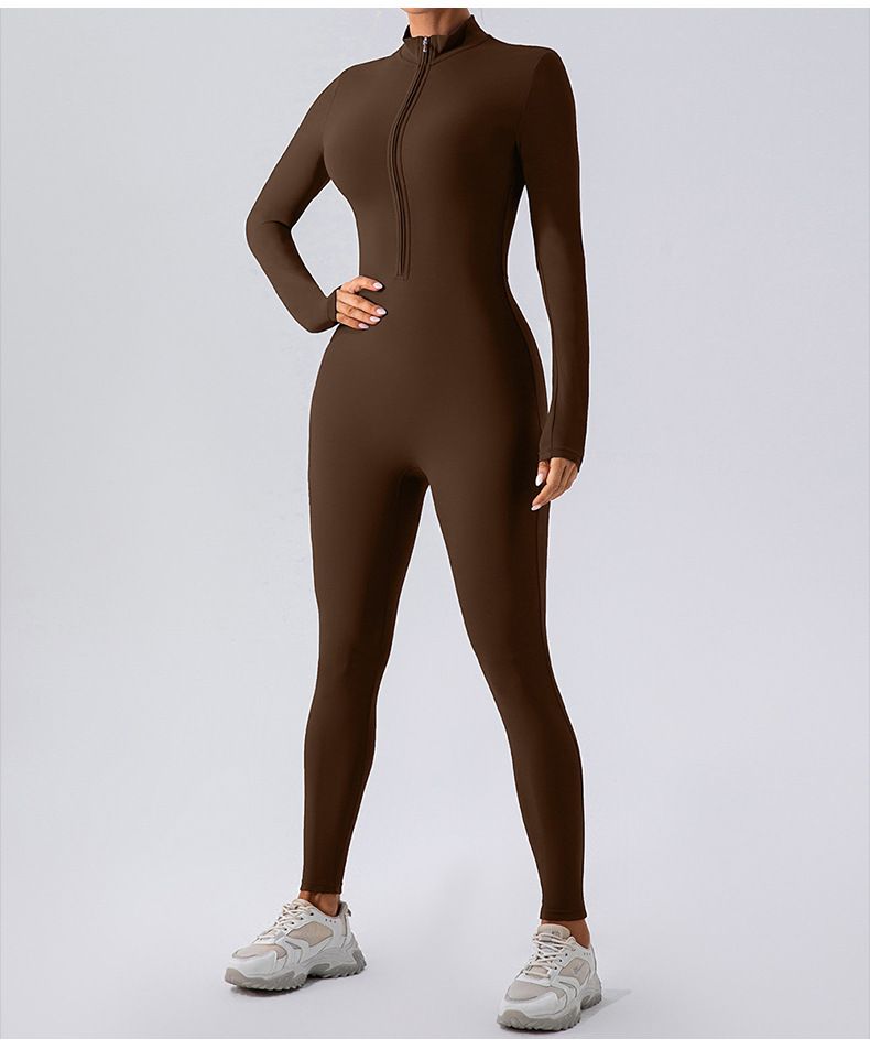 LazyZoom High Elastic Zipper Stand Collar Long Sleeve Jumpsuit Sports Fitness Running Training Yoga Suit For Women_voghion.com