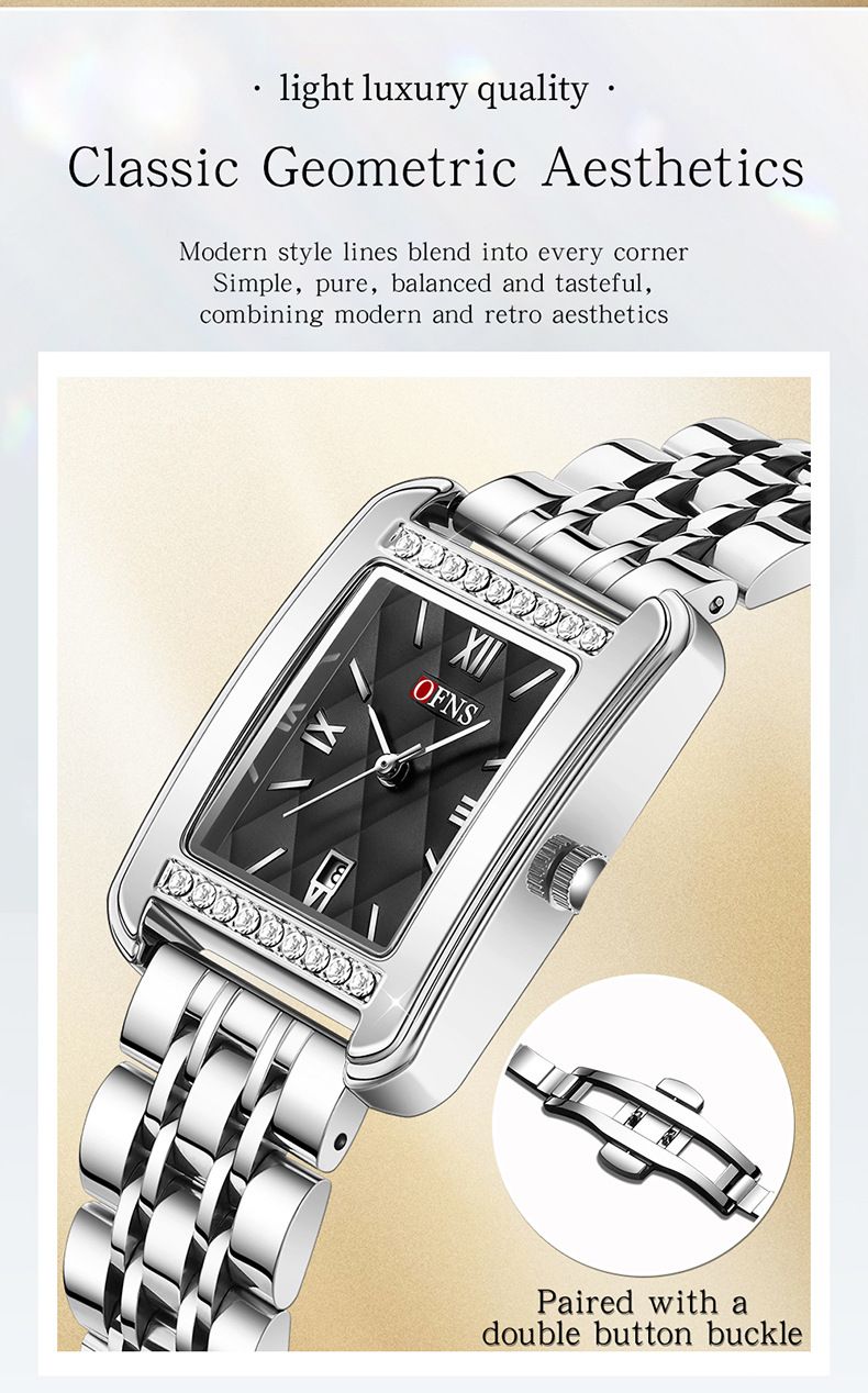 Elegante orologio quadrato da donna: numeri romani e dettagli in cristallo, cinturino in acciaio inossidabile, datario, orologio resistente all'acqua_voghion.com