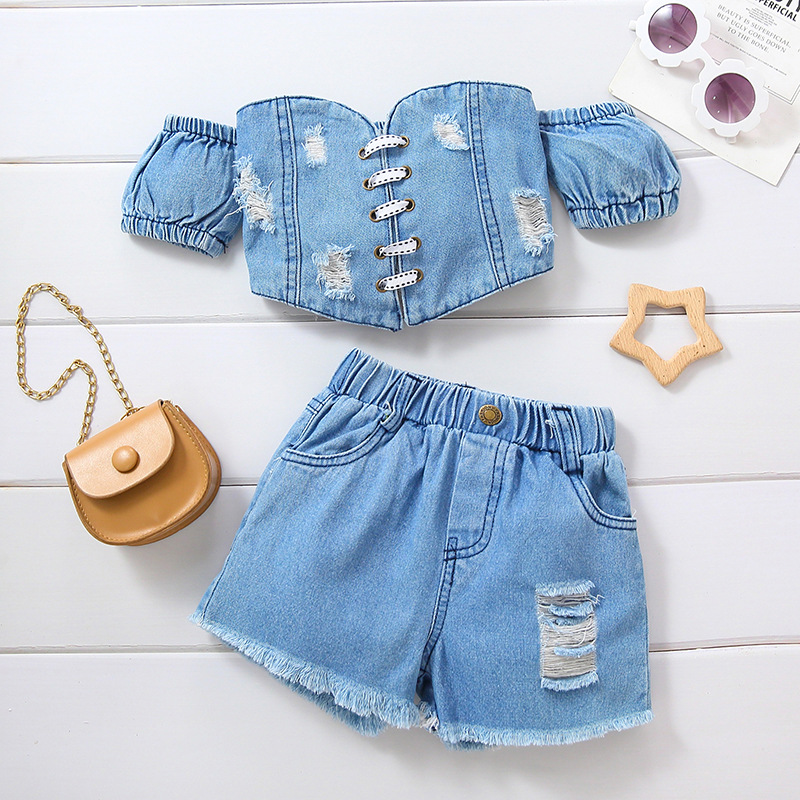 Babytøj Piges off-the-shoulder kortærmede strop-up denim rippet top + shorts sæt_voghion.com