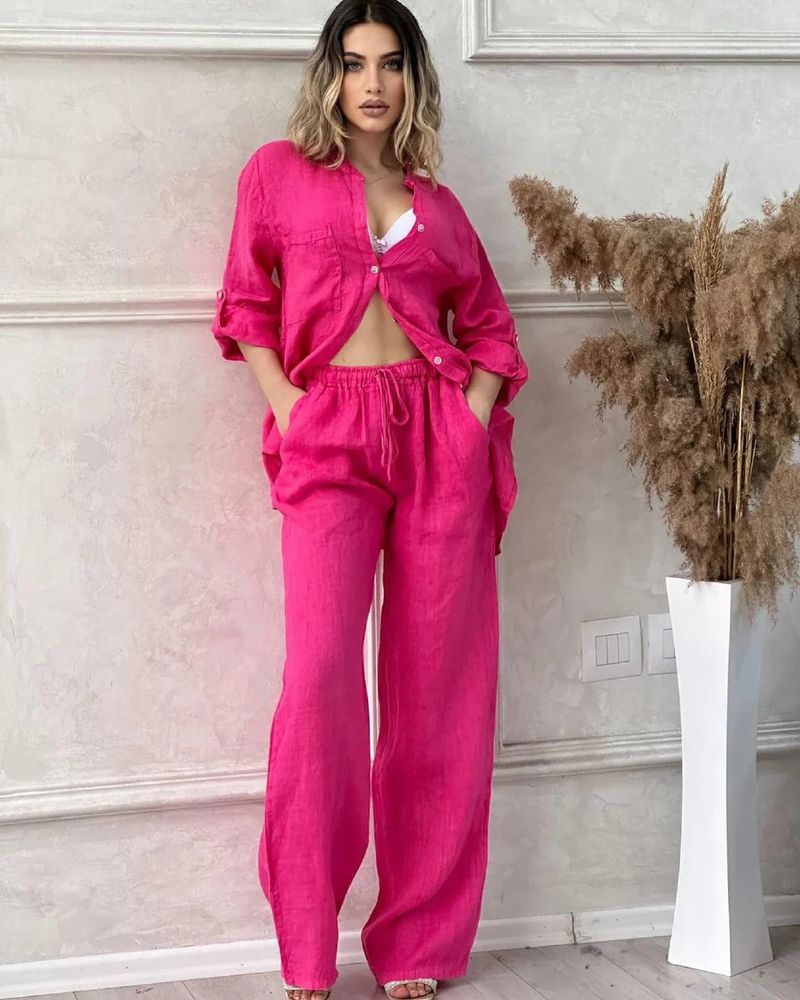 Dammekleeder Summer Neit Dammeset Grouss Gréisst Kotteng a Léngen Hemdset Héichtaille Loose Hosen_voghion.com