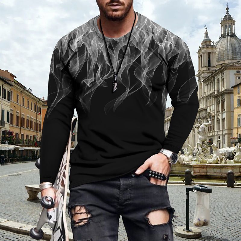 Herrenbekleidung Herren-T-Shirt mit Flammen-Print, minimalistisch, langärmelig_voghion.com