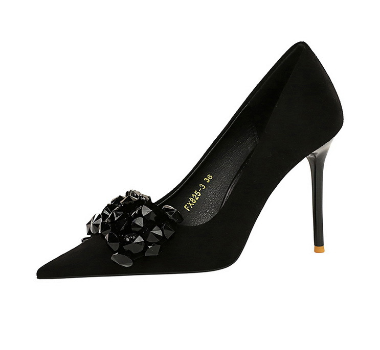 Banquet High Heels Women's with Thin Heels, Suede, Shallow Mouth, Pointed Water Diamond Bow Single Shoes_voghion.com