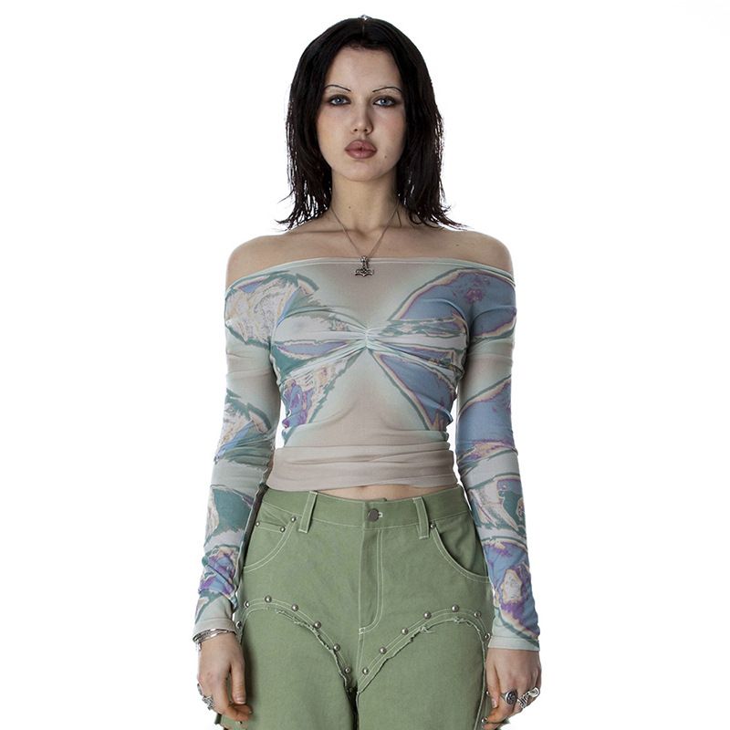 Q23TP394 On lin collar printd long slvd msh shr top for womn's autumn fashion trnd nw product vrsatil_voghion.com