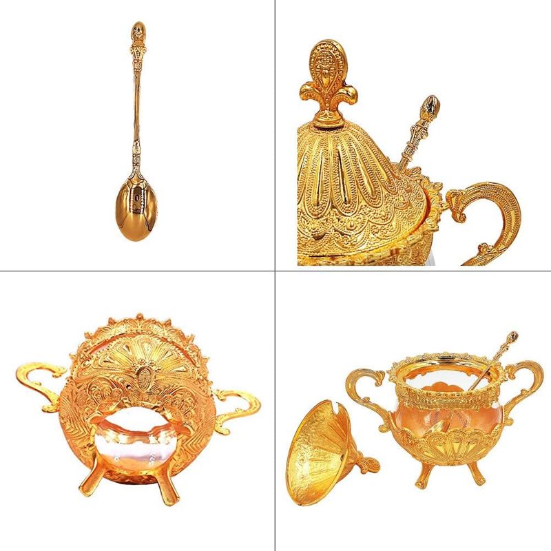 Sugar Bowl with Lid and Spoon,Metal&Glass Sugar Container for Sugar Cube and Powder Sugar,Spice Condiment Container,Salt Server_voghion.com