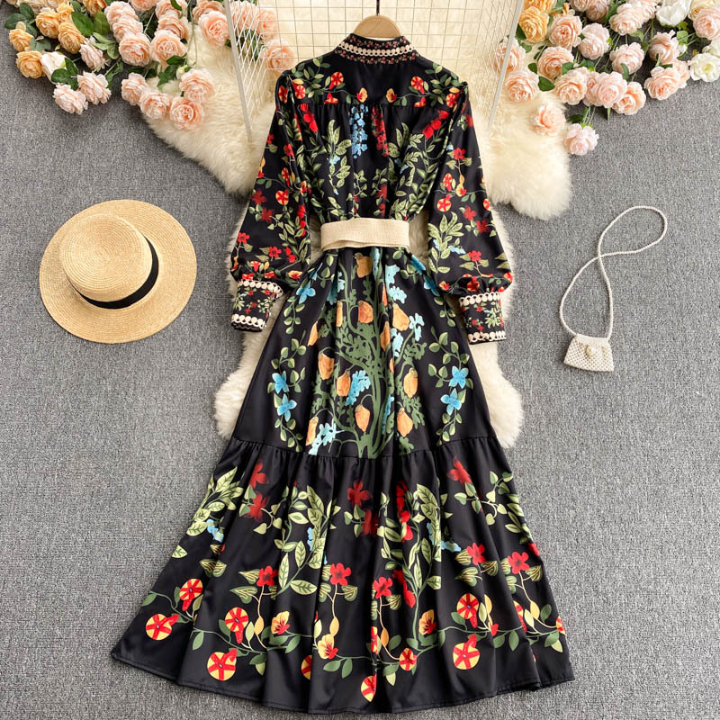 Abito da donna in stile palazzo retrò con cravatta in vita, girocollo, maniche lunghe, volant, gonna a trapezio in stile fata western_voghion.com