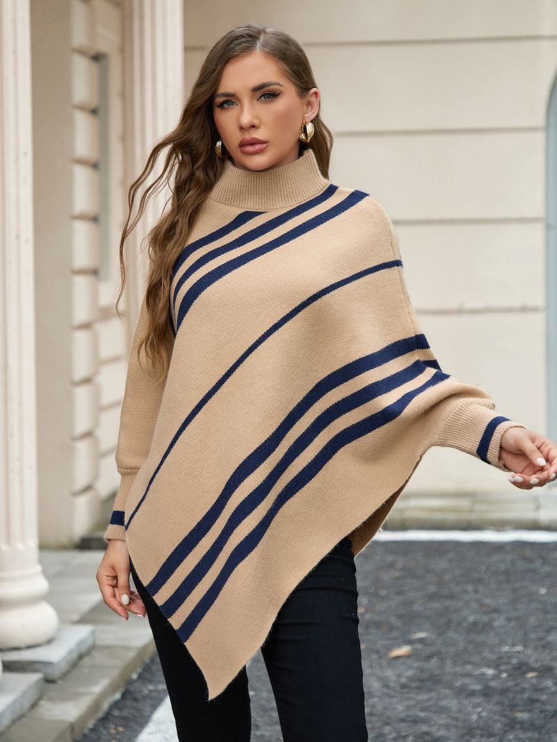 Damenbekleidung Pullover unregelmäßige Streifen halbhoher Kragen Fledermausärmel Pullover Strickpullover modischer Schalumhang_voghion.com