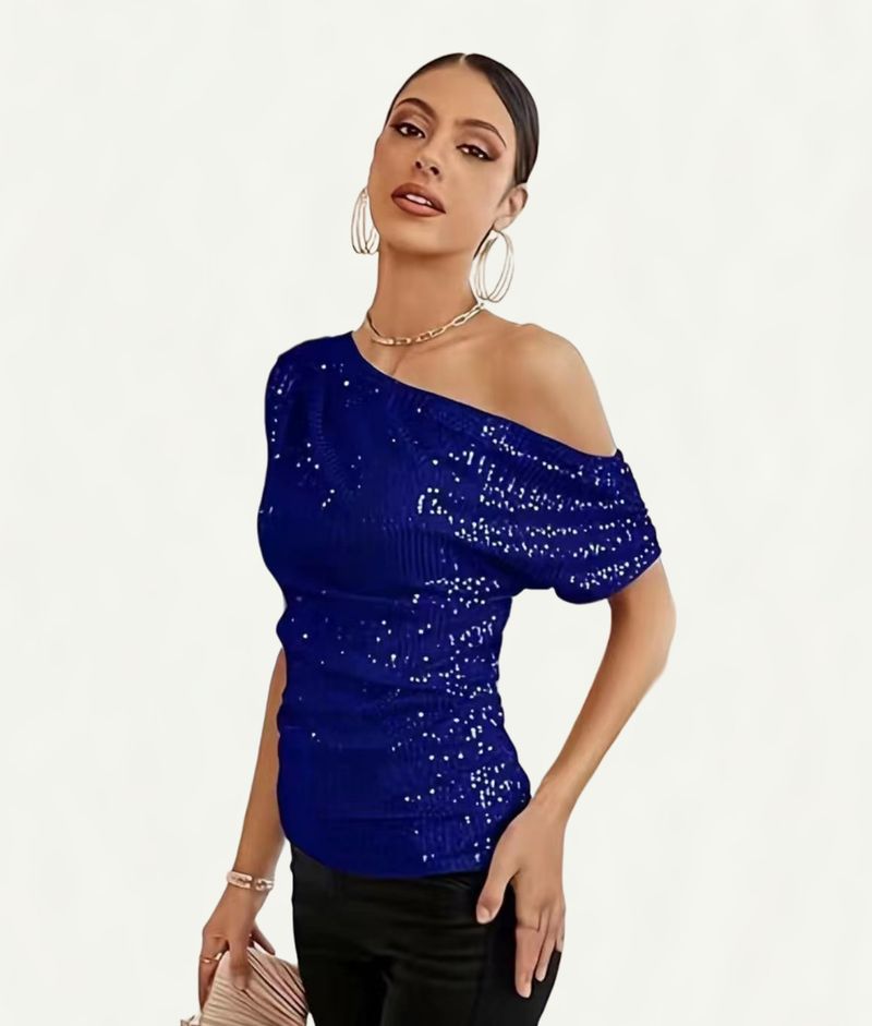 Vêtements pour femmes T-shirt d'été à manches courtes et col oblique avec perles pailletées et paillettes_voghion.com