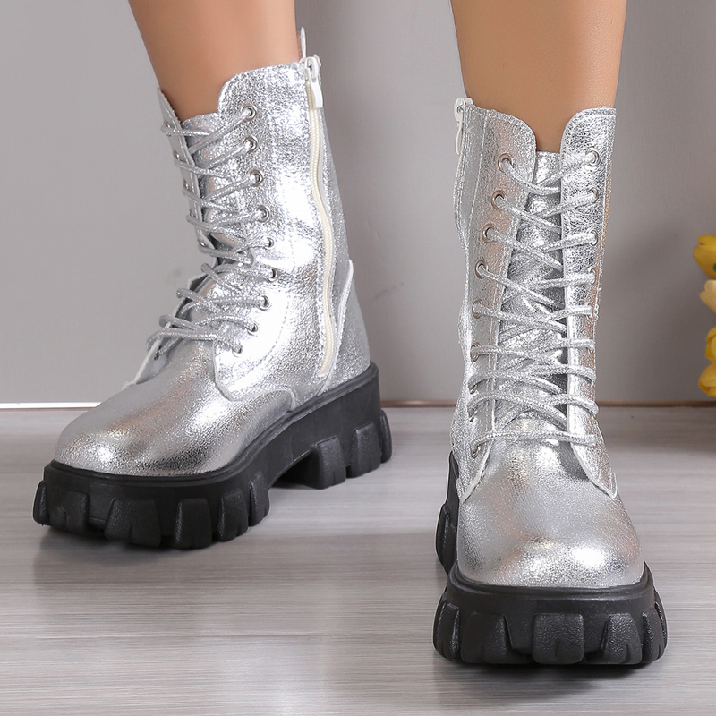 2024 Hot Sale Ladies Shoes Lace Up Women's Autumn Round Toe Solid Platform Water Proof Short Barrel Large Size Naked_voghion.com