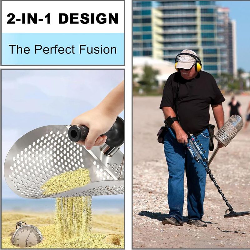 Stainless Beach Sand Scoop Metal Detecting with Handle Tool Fast Sifting Metal Detector Treasure Hunting Shovel Tool_voghion.com