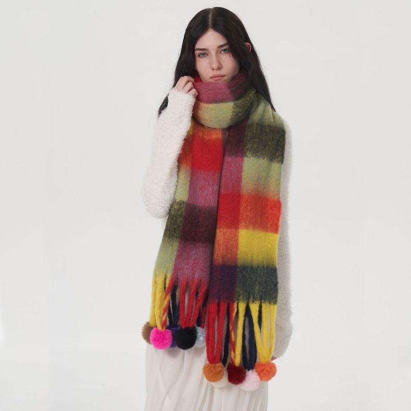 Sciarpa a pallina con nappe versatile, calda e colorata, a quadri, a righe, autunno inverno, nuova AC_voghion.com