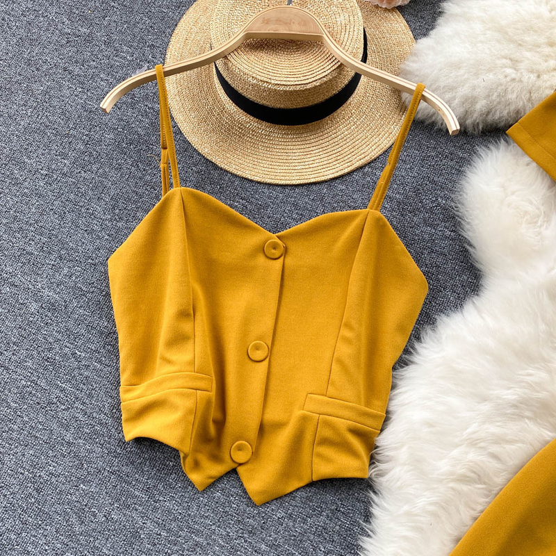 Camisola de verão feminina curta com decote em v camisa jaqueta cintura alta calças largas conjunto de três peças_voghion.com