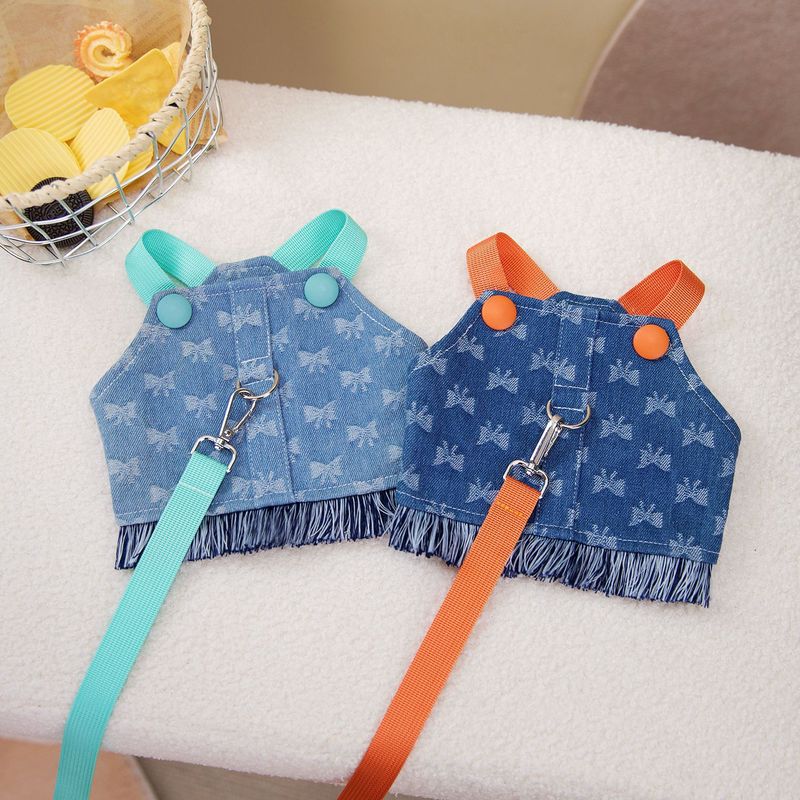 Roupas de colete para cachorro de estimação, costas no peito do animal de estimação, novos itens de primavera e verão, 24 jeans com laço de fundo completo_voghion.com