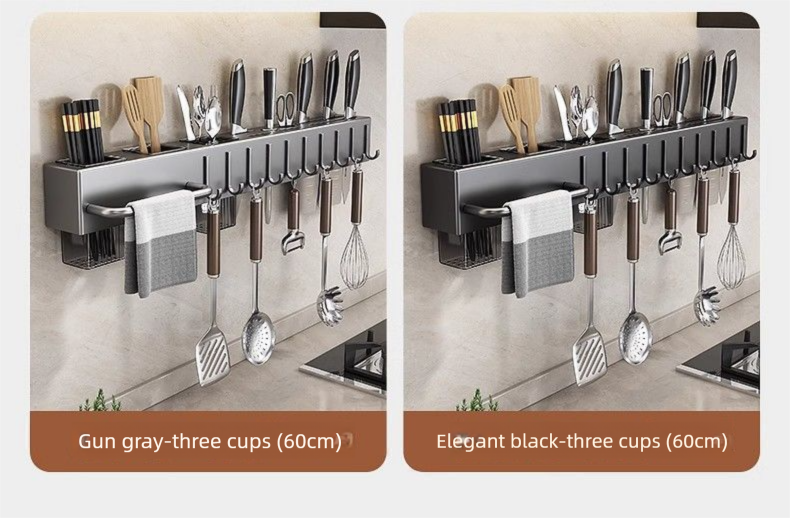 Suporte de armazenamento cinza Jibaiju Gun, organizador multifuncional para facas e hashis, sem furadeiras, para cozinha e uso doméstico_voghion.com